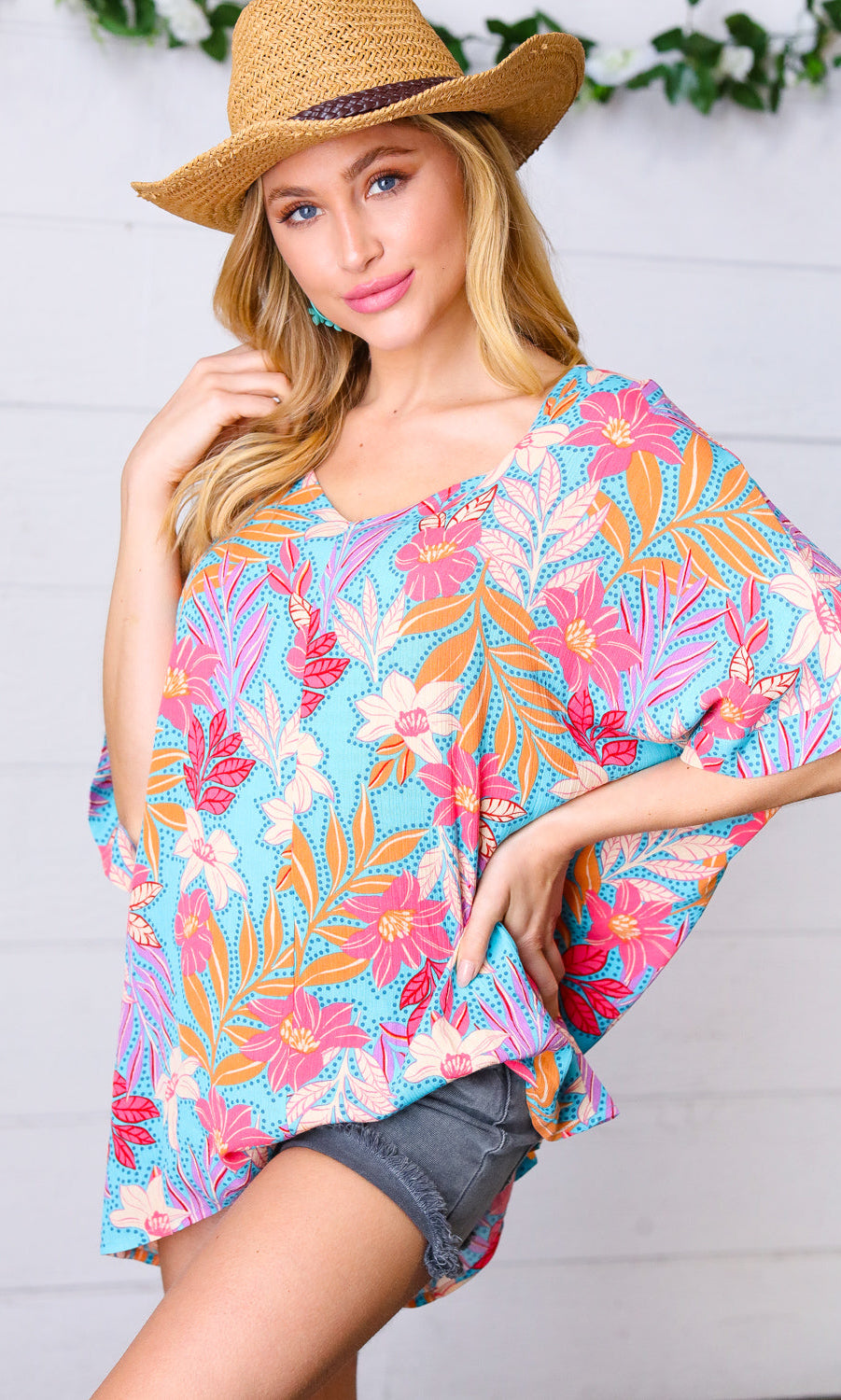 Multicolor Tropical Floral Print Woven Top Haptics