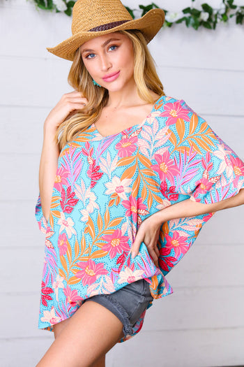 Multicolor Tropical Floral Print Woven Top Haptics