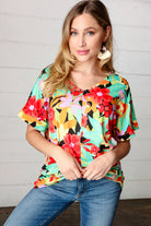 Multicolor Tropical Floral V Neck Drop Shoulder Top Haptics