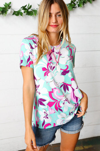 Turquoise & Purple Flat Floral Print Top Haptics