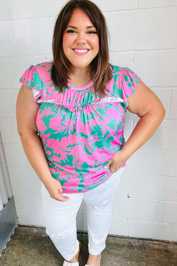 Pink & Green Floral Print Frilled Short Sleeve Yoke Top Haptics