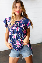 Navy & Pink Floral Print Frilled Short Sleeve Yoke Top Haptics