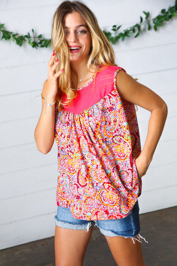 Coral Jacquard Lace Paisley Print Tank Top Haptics