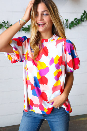 Multicolor Print Frilled Mock Neck Puff Sleeve Top JODIFL