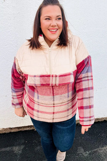 Tried & True Oatmeal & Garnet Plaid Half Zip Puffer Hoodie Haptics