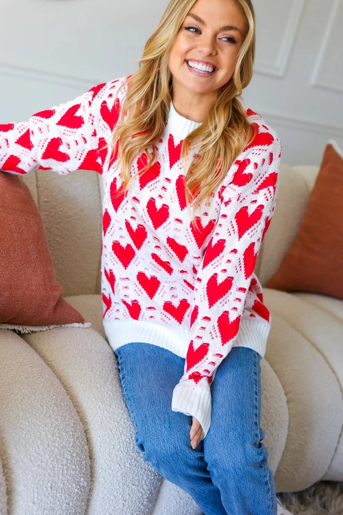 True Hearts Ivory & Red Heart Oversized Sweater Haptics