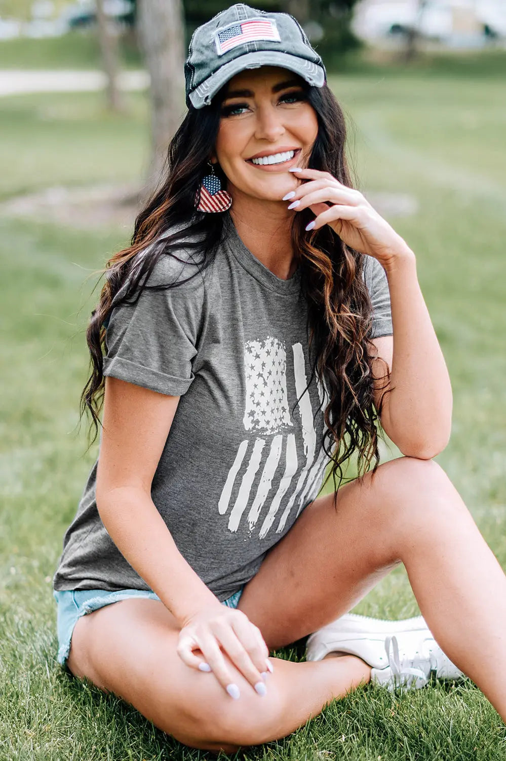 US Flag Graphic Cuffed Sleeve Tee Casual Chic Boutique