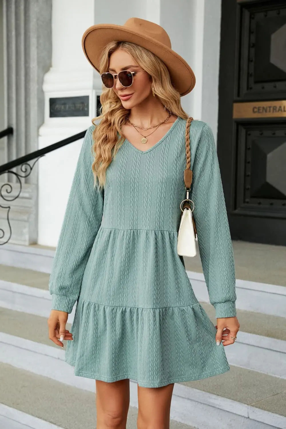 V-Neck Long Sleeve Mini Dress Trendsi