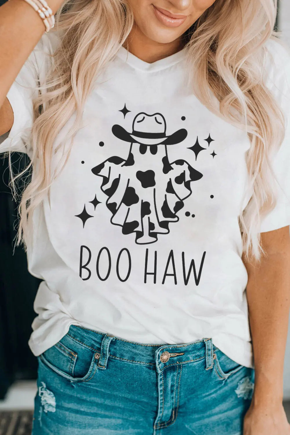 V-Neck Short Sleeve BOO HAW Ghost Graphic T-Shirt Trendsi