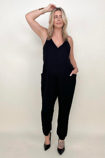 Textured Black Sleeveless V-Neck Pocketed Jumpsuit Kiwidrop