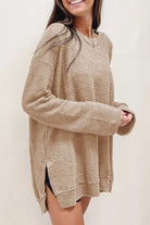 Waffle Knit Drop Sleeve Side Slits Oversized Top EG fashion