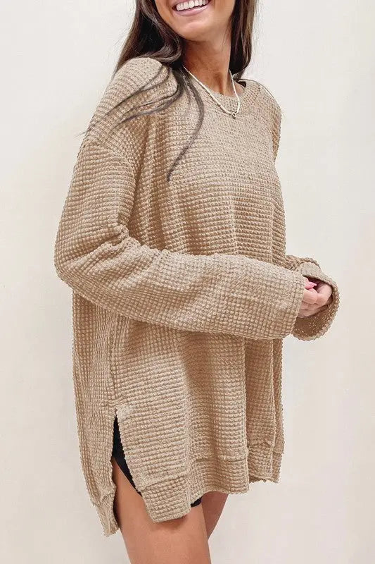 Waffle Knit Drop Sleeve Side Slits Oversized Top EG fashion