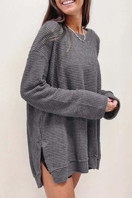 Waffle Knit Drop Sleeve Side Slits Oversized Top EG fashion