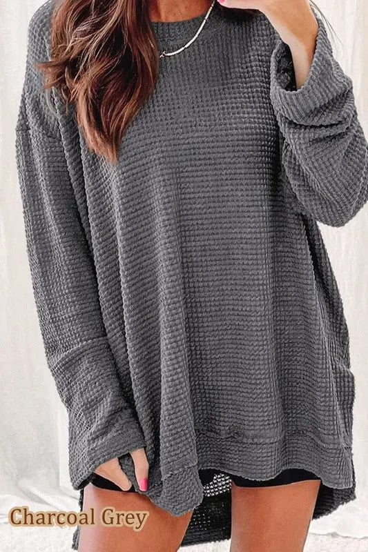 Waffle Knit Drop Sleeve Side Slits Oversized Top EG fashion