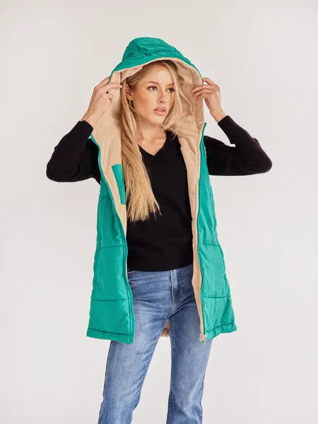 Women's Medium-length Zip Up Hooded Reversible Vest Jacket Coat HWWV885QTQ Casual Chic Boutique