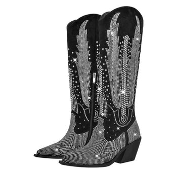 Women's Glitter Western Boots Knee High Rhinestone Design Block Heel Plus Size Fashionella