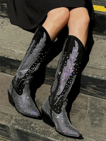 Women's Glitter Western Boots Knee High Rhinestone Design Block Heel Plus Size Fashionella