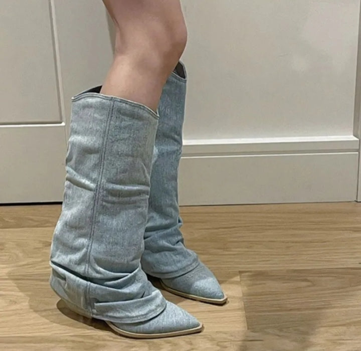 Women's Western Denim Pleated Autumn Pointed Toe Cowboy Boots Fashionella