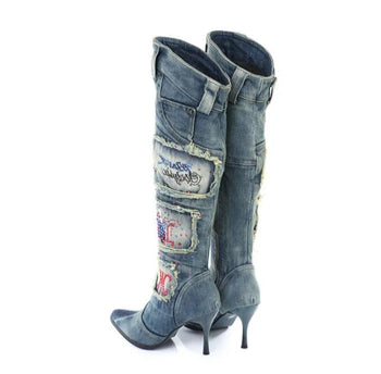 Women's High Heel Sequins and Diamond Design Denim Cowboy Style High Knee Boots Fashionella