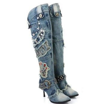 Women's High Heel Sequins and Diamond Design Denim Cowboy Style High Knee Boots Fashionella