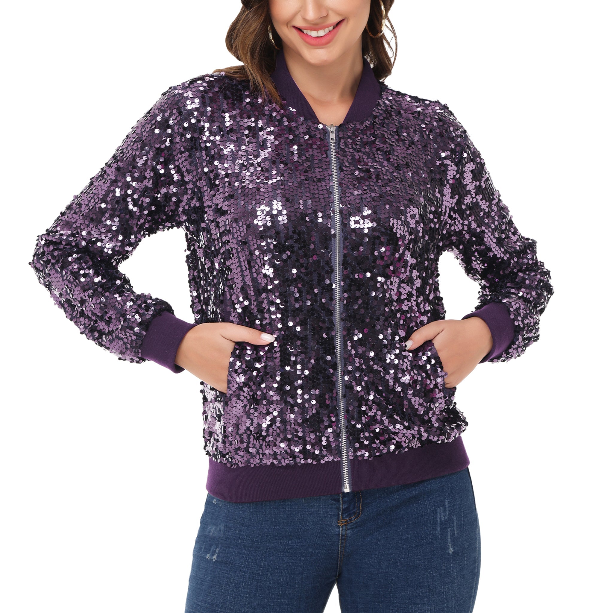 Anna-Kaci Womens Sequin Jacket Sparkle Long Sleeve Front Zip Casual Blazer Bomber Jacket With Pockets by Anna-Kaci