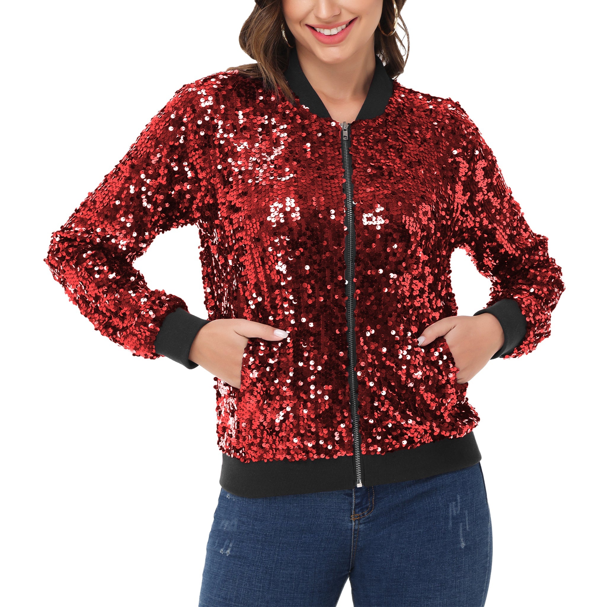 Anna-Kaci Womens Sequin Jacket Sparkle Long Sleeve Front Zip Casual Blazer Bomber Jacket With Pockets by Anna-Kaci