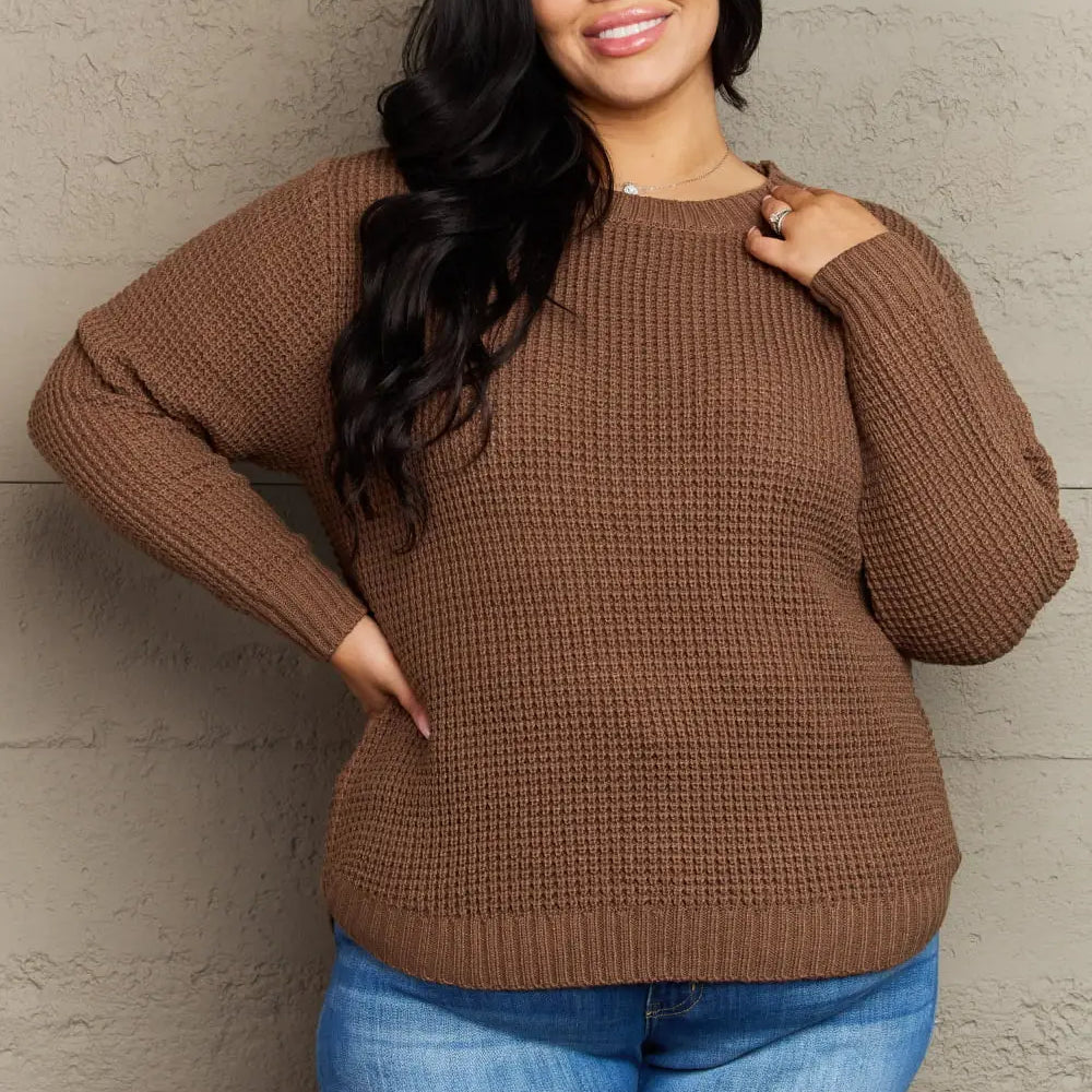Zenana Breezy Days Plus Size High Low Waffle Knit Sweater Trendsi