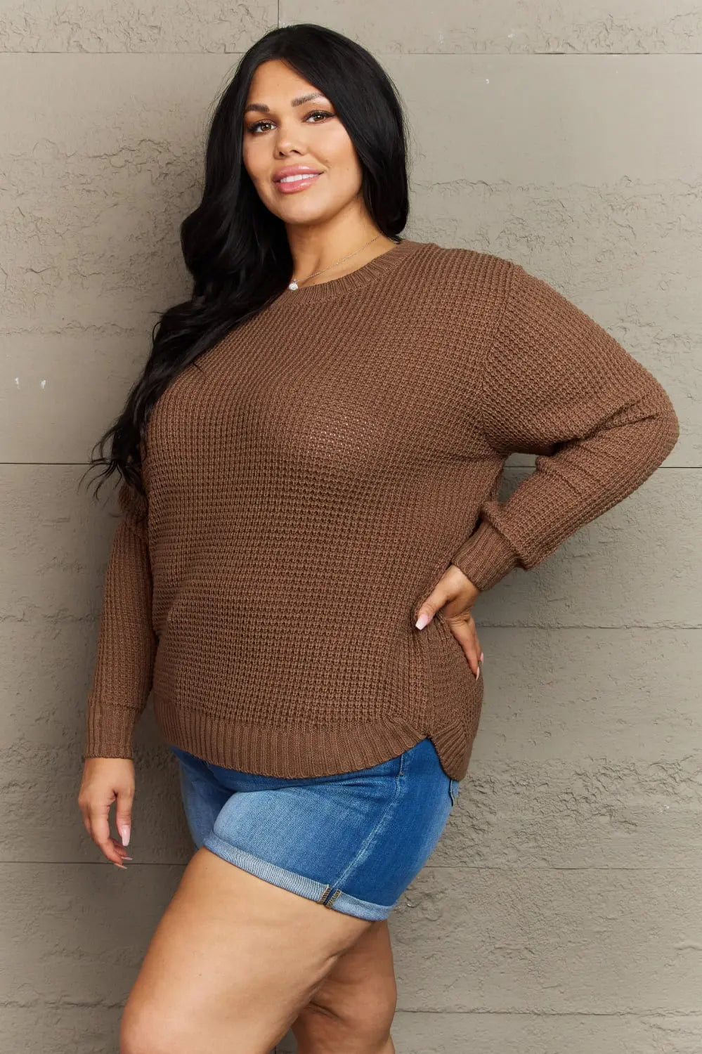 Zenana Breezy Days Plus Size High Low Waffle Knit Sweater Trendsi
