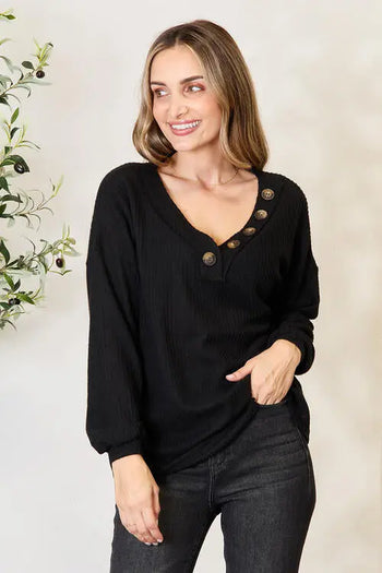 Zenana Buttoned Long Sleeve Blouse Trendsi