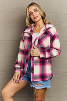 Zenana By The Fireplace Oversized Plaid Shacket in Magenta Trendsi