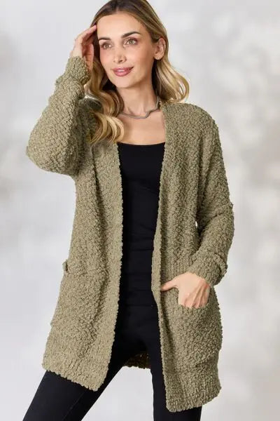 Zenana Falling For You Full Size Open Front Popcorn Cardigan Trendsi