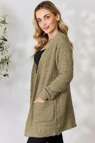 Zenana Falling For You Full Size Open Front Popcorn Cardigan Trendsi