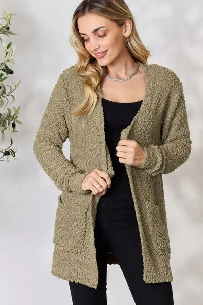 Zenana Falling For You Full Size Open Front Popcorn Cardigan Trendsi