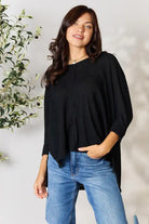 Zenana Full Size Round Neck High-Low Slit Knit Top Trendsi