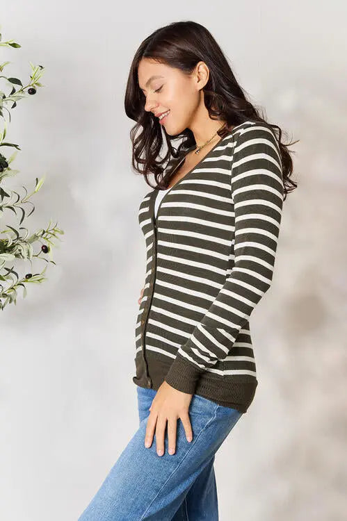 Zenana Full Size Striped Snap Down Cardigan Trendsi