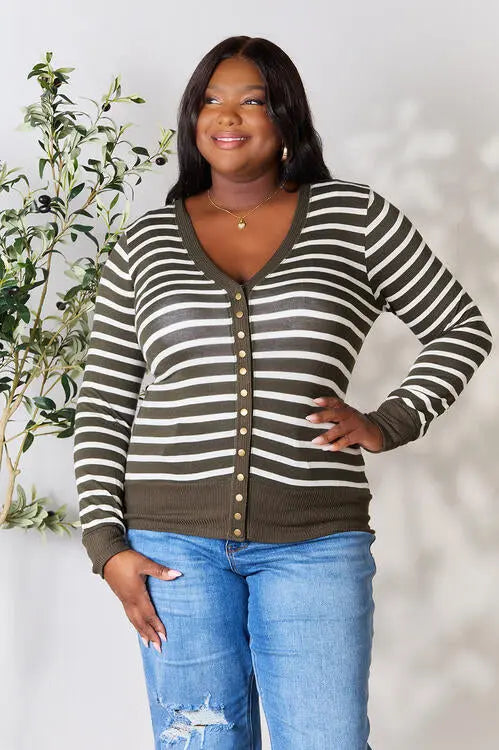 Zenana Full Size Striped Snap Down Cardigan Trendsi