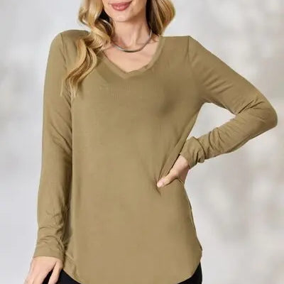 Zenana Full Size V-Neck Long Sleeve T-Shirt Trendsi