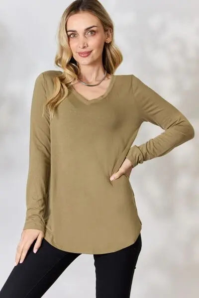 Zenana Full Size V-Neck Long Sleeve T-Shirt Trendsi