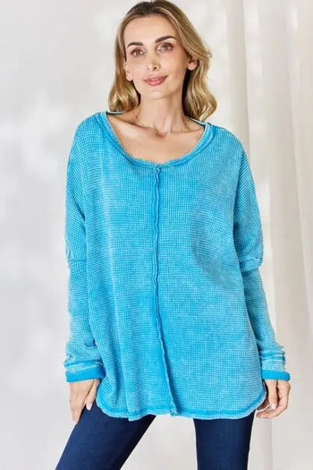 Zenana Oversized Waffle Long Sleeve Top Trendsi