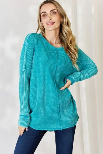 Zenana Oversized Washed Waffle Long Sleeve Top Trendsi