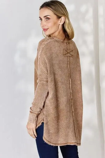 Zenana Oversized Washed Waffle Long Sleeve Top Trendsi