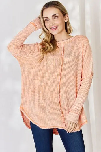 Zenana Oversized Washed Waffle Long Sleeve Top Trendsi