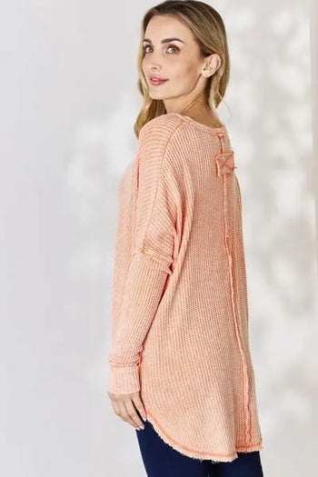 Zenana Oversized Washed Waffle Long Sleeve Top Trendsi