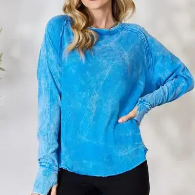 Zenana Round Neck Long Sleeve Top |  Ocean-Blue-XL |  Casual Chic Boutique