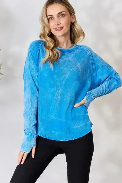 Zenana Round Neck Long Sleeve Top |  Ocean-Blue-XL |  Casual Chic Boutique