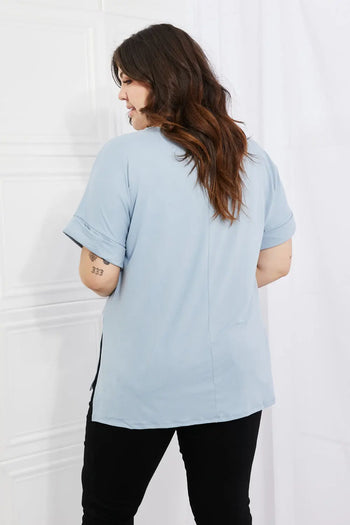 Zenana Simply Comfy V-Neck Loose Fit Shirt in Blue Zenana