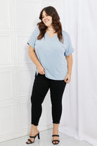 Zenana Simply Comfy V-Neck Loose Fit Shirt in Blue Zenana