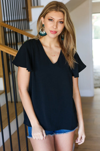 Black Flutter Sleeve V Neck Top Zenana