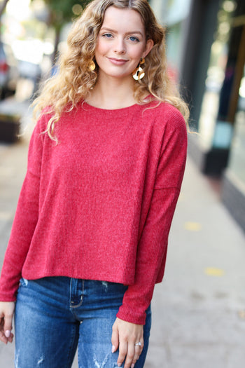 Stay Awhile Red Ribbed Dolman Cropped Sweater Zenana