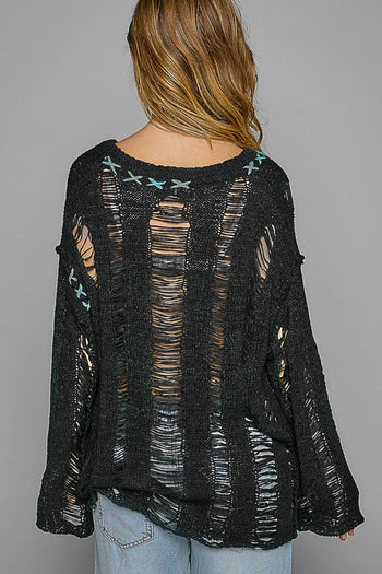 POL Distressed Dropped Shoulder Long Sleeve Knit Top Trendsi